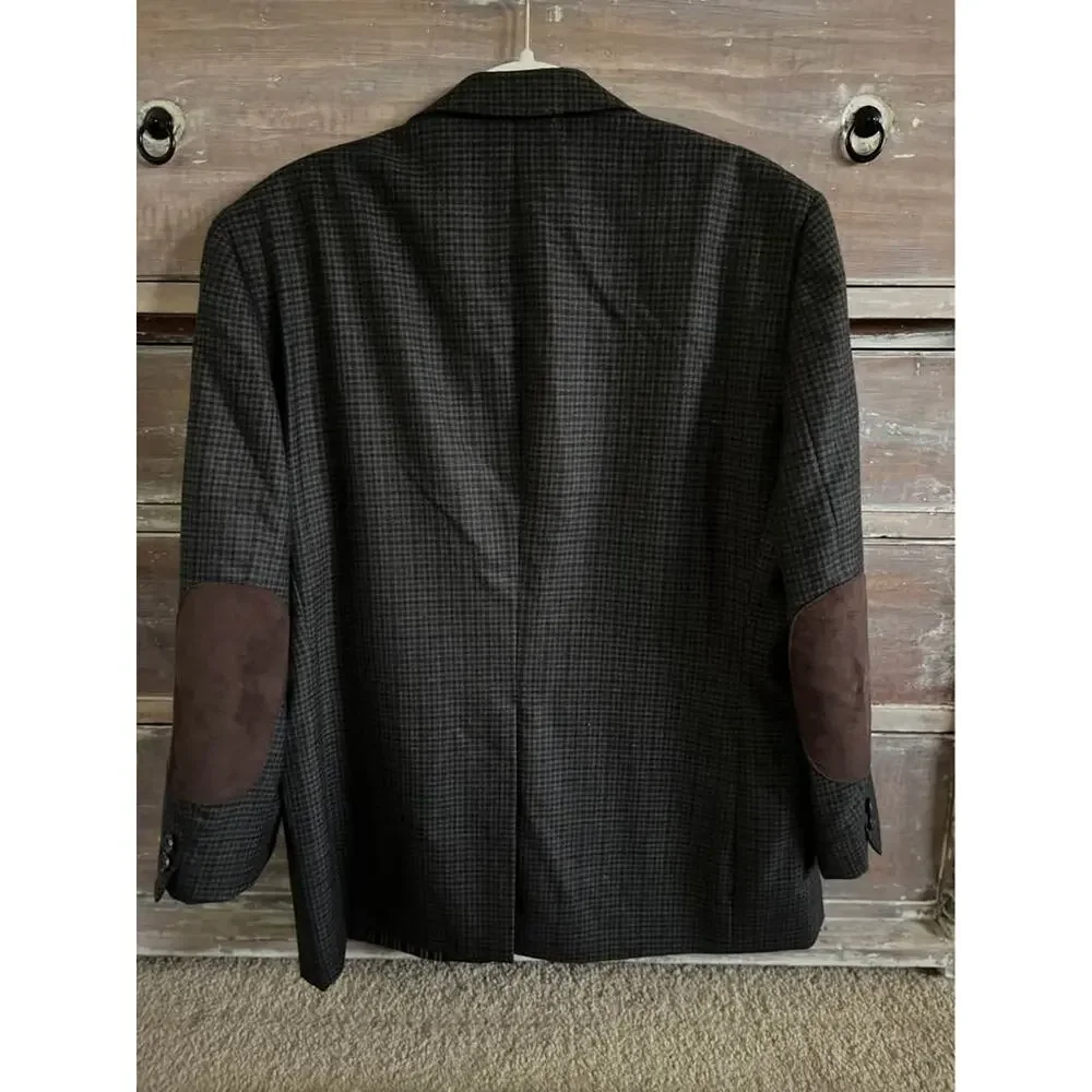 Men’s Stafford Herringbone Plaid Blazer Elbow Patch Wool Classic 42S Brown Navy